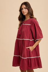 Annie Wear Tassel Contrast Trim Tie Neck Half Sleeve Tiered Dress OutfitFlow